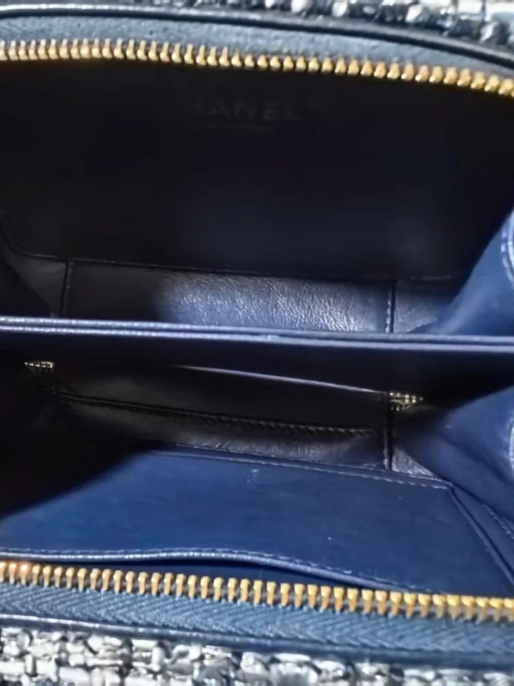 CHANEL Black and White Tweed Vanity Crossbody with Gold Chain
